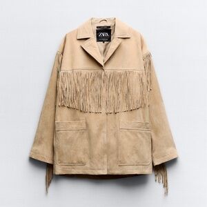 ZARA Tan Suede Leather Fringed Jacket Fringe Coat NEW size XS - Small